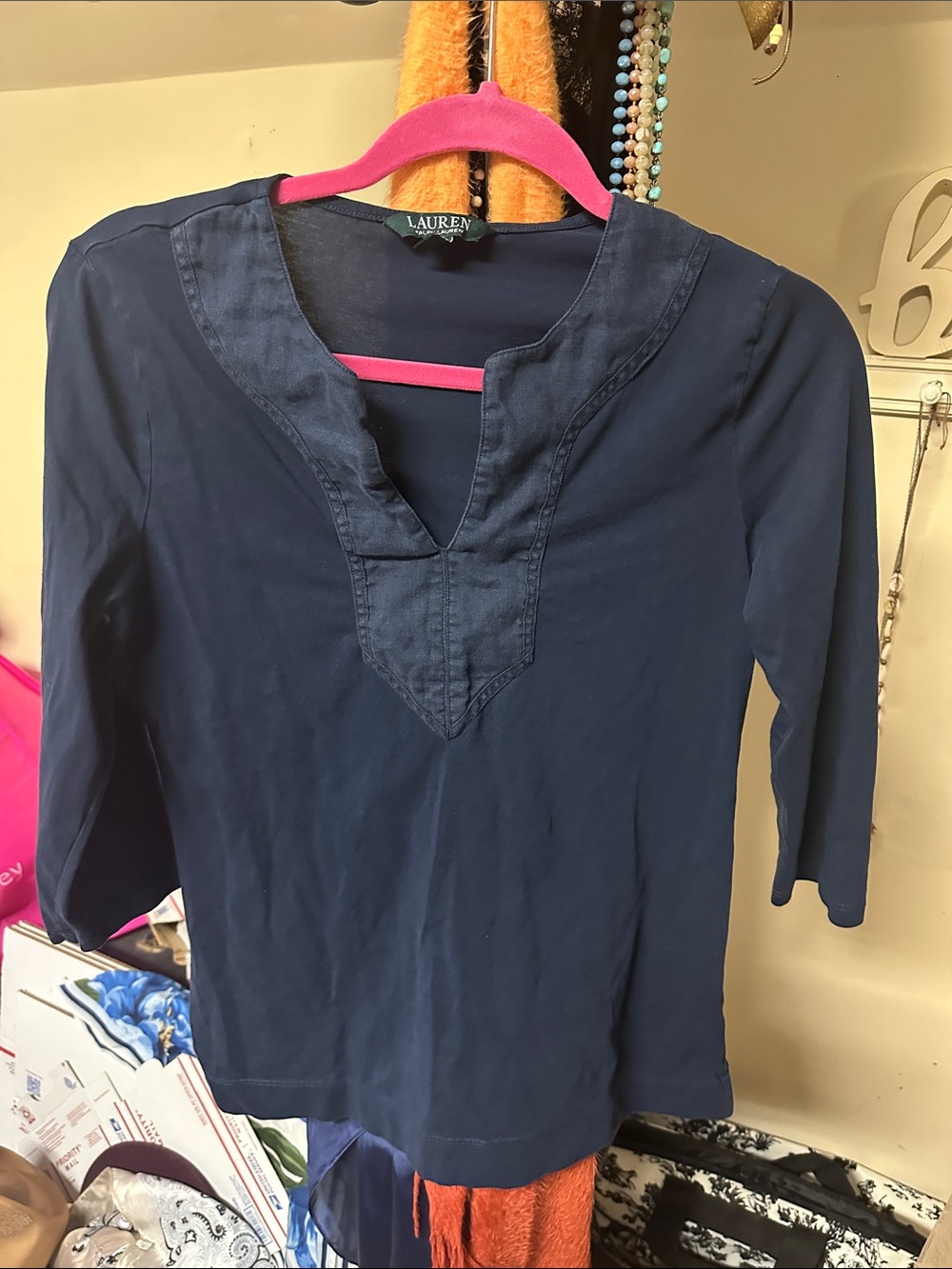 Lauren Ralph Lauren Navy Long-Sleeve Split V Top